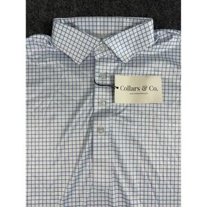 Collars & Co Polo Mens Medium Classic Shirt Blue White Checkered Short Sleeve